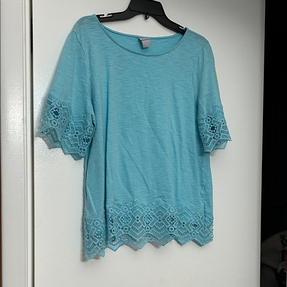 Chico's Aqua Blue Lace-Hem Short Sleeve Tee